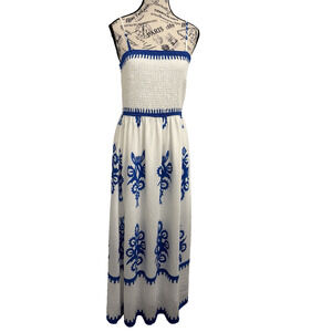 Strapless White Midi Dress with Blue Embroidered Trim
